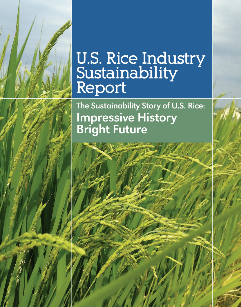 U.S. Rice Sustainability Report Cover, closeup of green rice in field with gray sky