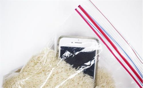Overhead view of a cell phone in a plastic bag with raw rice grains.