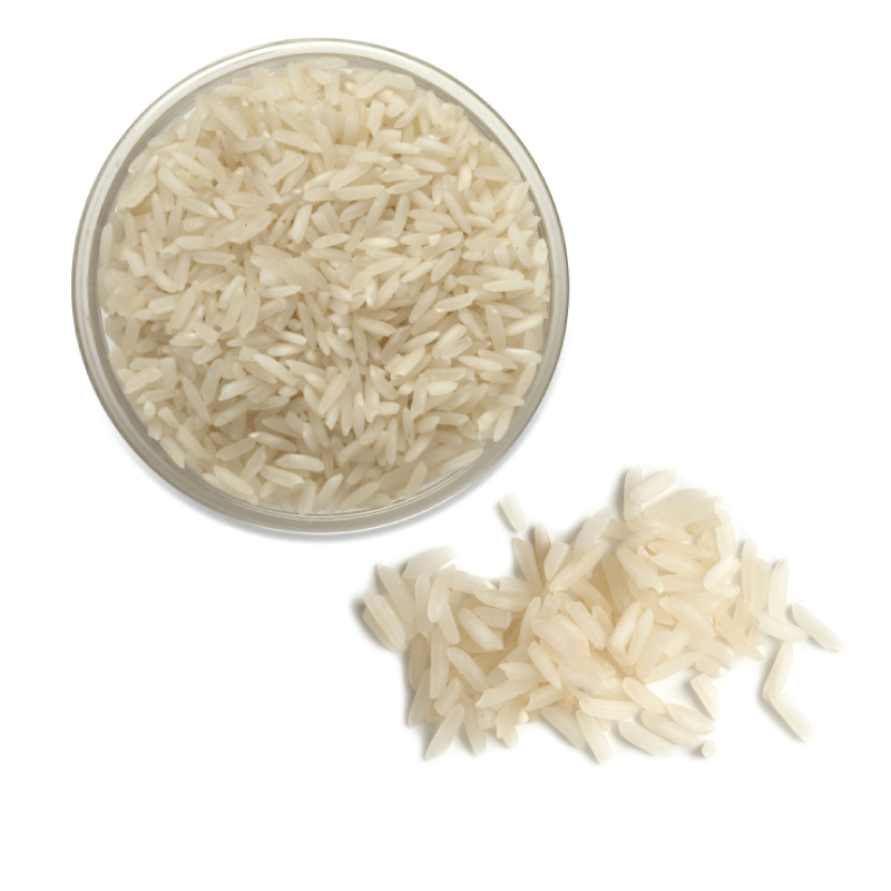 Overhead view of uncooked U.S. Jasmine rice.