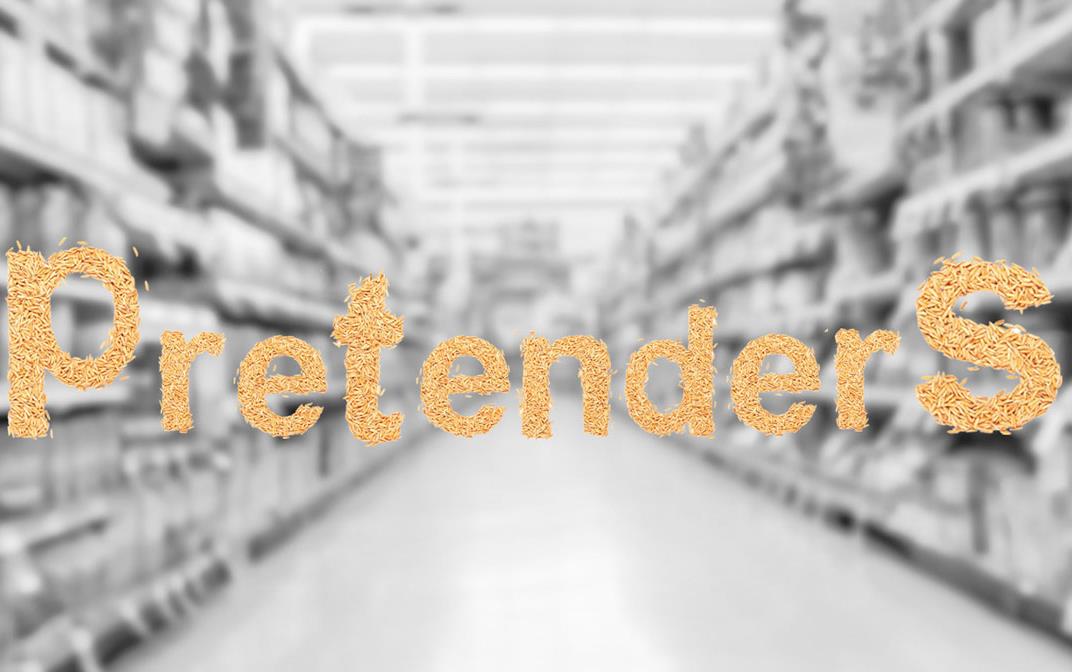 The word "Pretenders" written in rice grains superimposed over b/w photo of grocery aisle