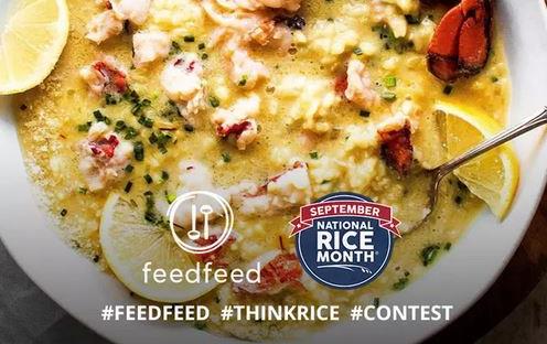 2021 FeedFeed Recipe Contest Ad shows bowl of paella with logos and hashtags