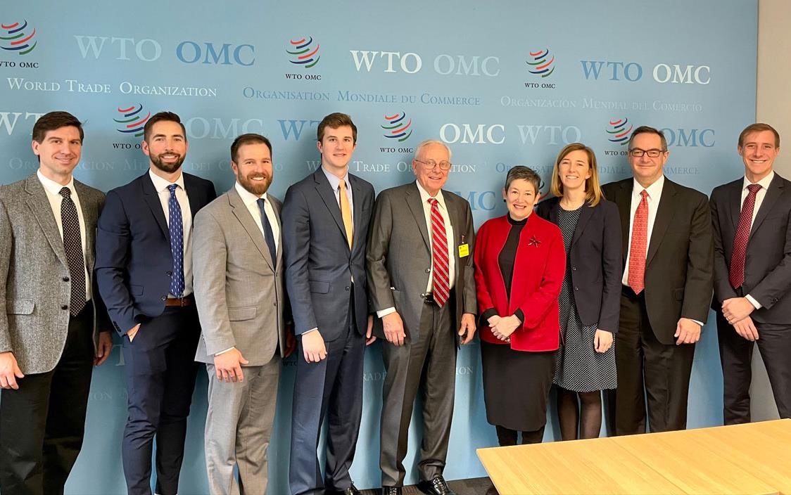 Group of people dressed in business attire stand in a line in front of WTO logo background