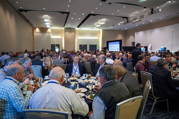 Hundreds of people seated at tables for luncheon.