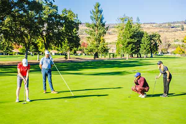 Two men and two women playing golf together.
