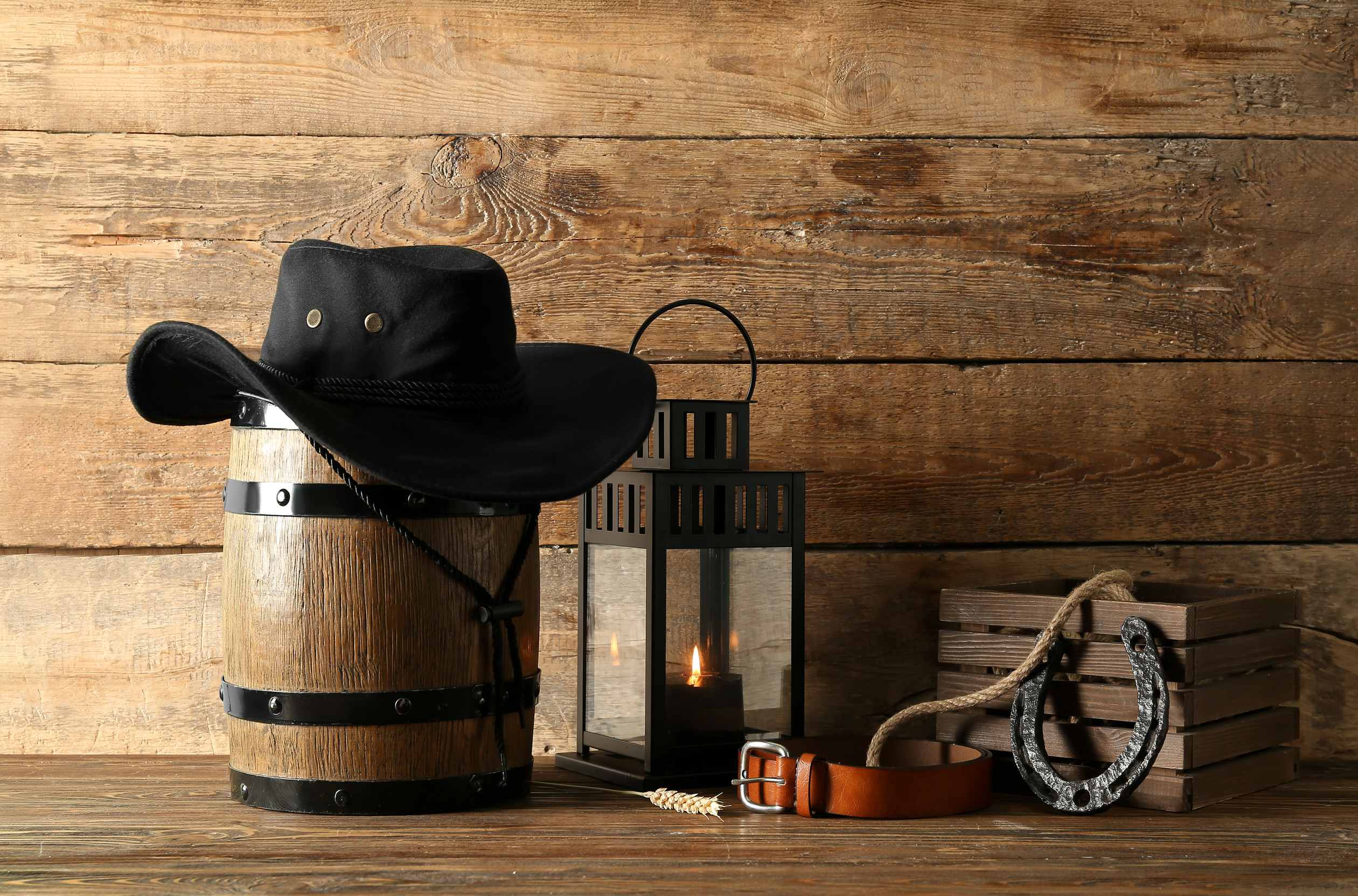 Cowboy hat and horse shoe on rustic backdrop