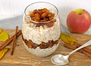 A cup of Rice Pudding with Glazed Apples.