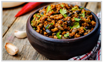 Side view of a vegetable rice bowl.