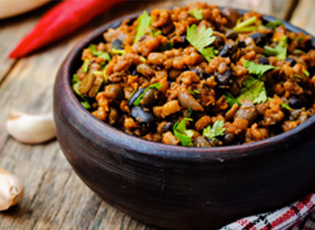 Side view of a vegetable rice bowl.