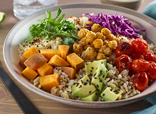 Side view of a super foods rice bowl.