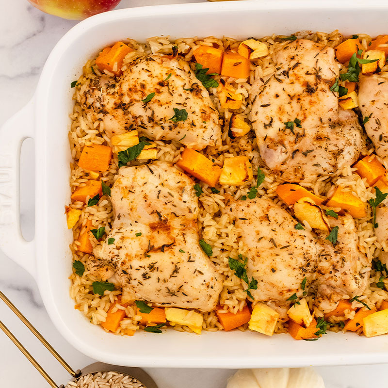 Casserole dish of a fall rice bake.