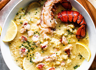 Overhead view of Lobster Risotto in a bowl.