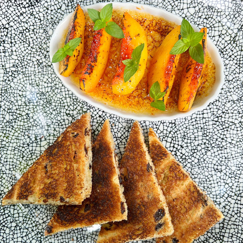 Overhead image of Rice Pudding Creme Brulee with Toast Points.