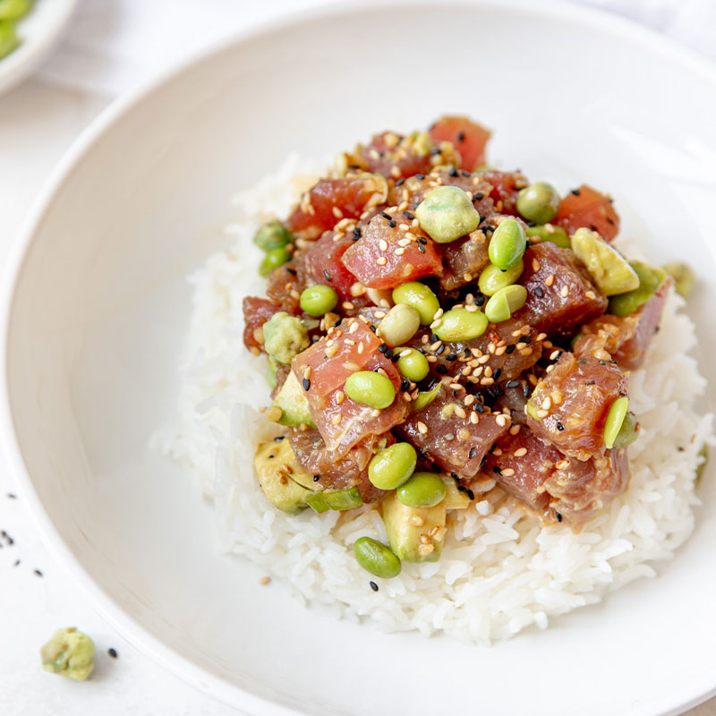 Side angle of a Ahi Tuna Poke Bowl.