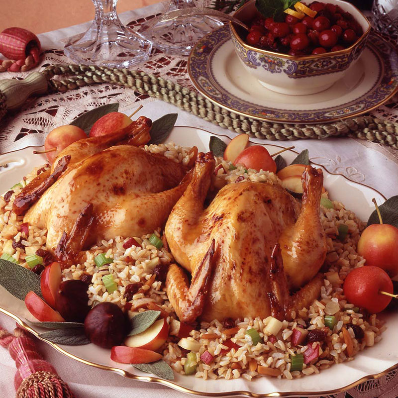 Almond Brown Rice Stuffing Side view of roasted turkey on a plate of almond brown rice stuffing.