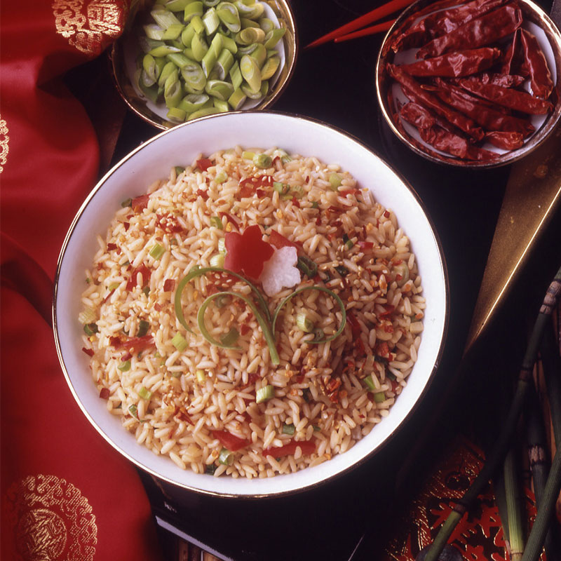 Overhead view of Asian Rice Pilaf in a bowl.