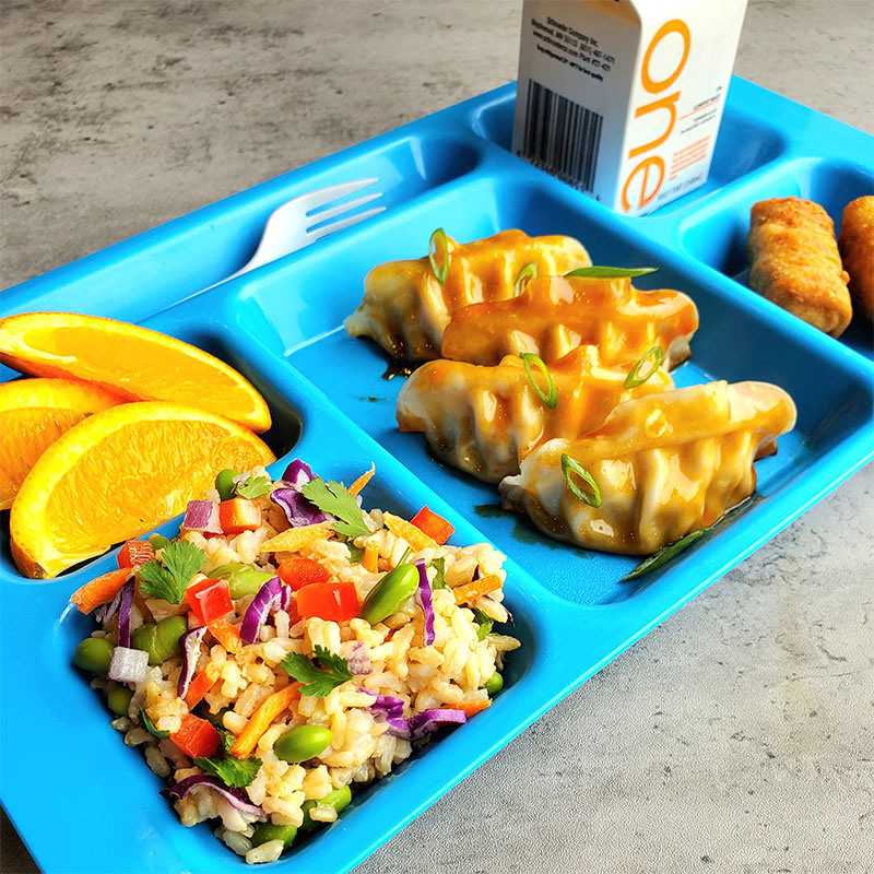 Asian Rice Salad on a cafeteria tray.