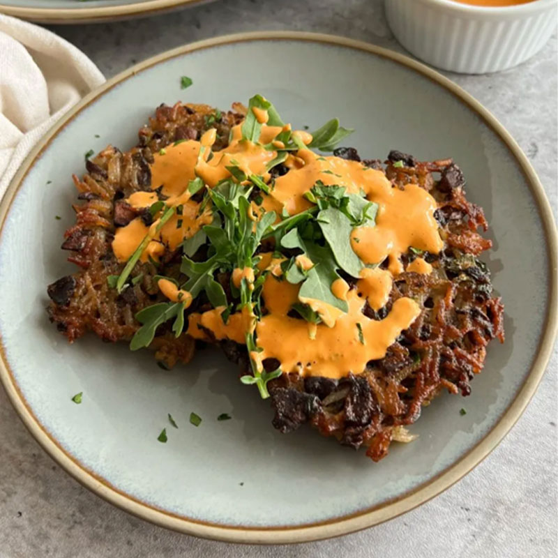 Plated serving of Balsamic Mushroom Rice Fritters