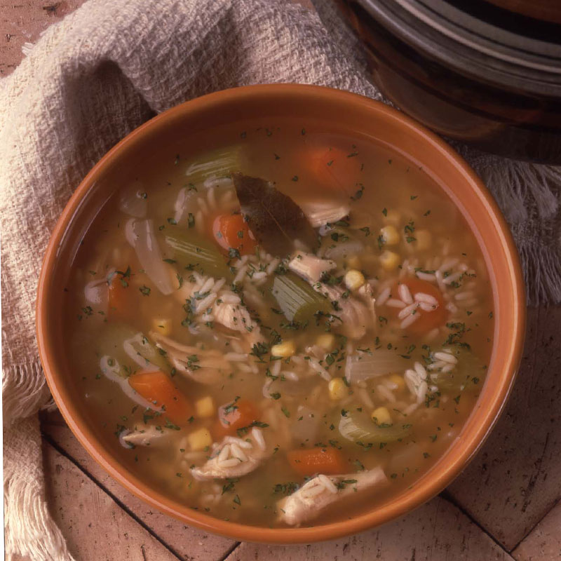 Overhead view of the Best Ever Turkey and Rice Soup in a bowl.