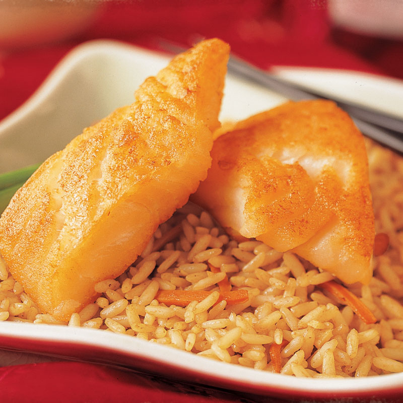 Black Pepper Rice with Cod A spicy black pepper sauce is the base for this recipe which combines carrot, ginger, garlic, rice and walnuts as a host for fried cod filets.