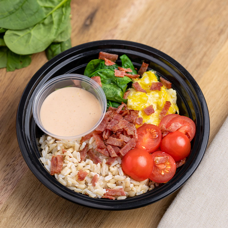 Overhead view of a BLT Breakfast Rice Bowl.