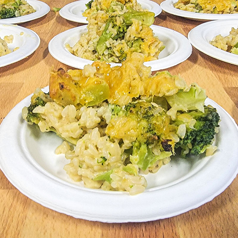 Zoomed in image of plated Broccoli and Cheese Casserole.