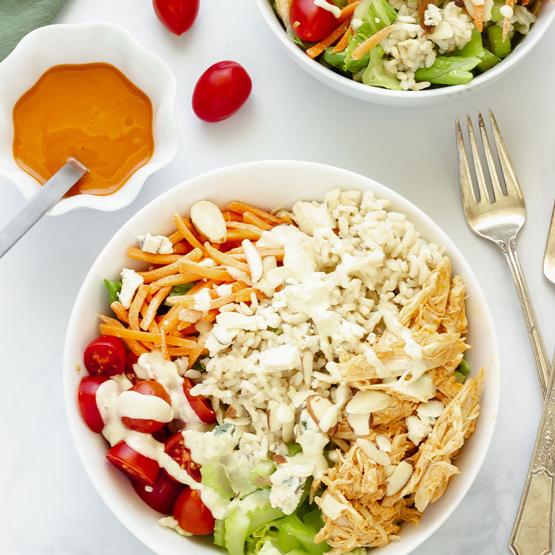 Overhead view of a Buffalo Chicken Rice Bowl.