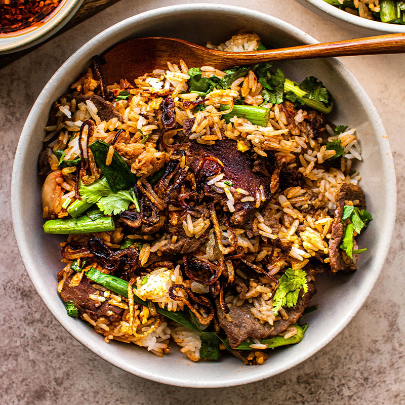 Overhead image of a bowl of Bulgogi Fried Rice