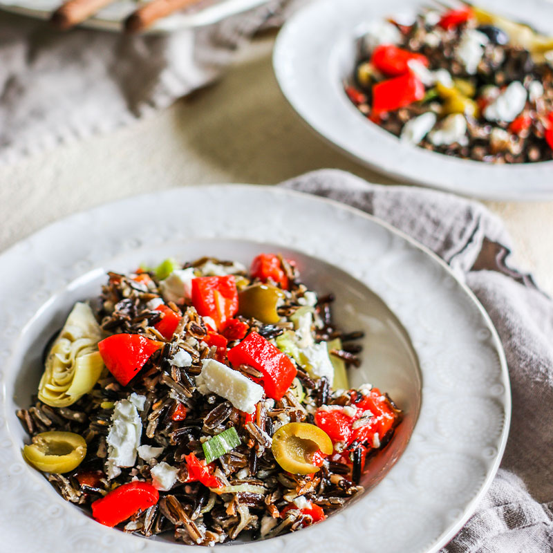 Plate of colorful California Wild Rice & Olive Salad.