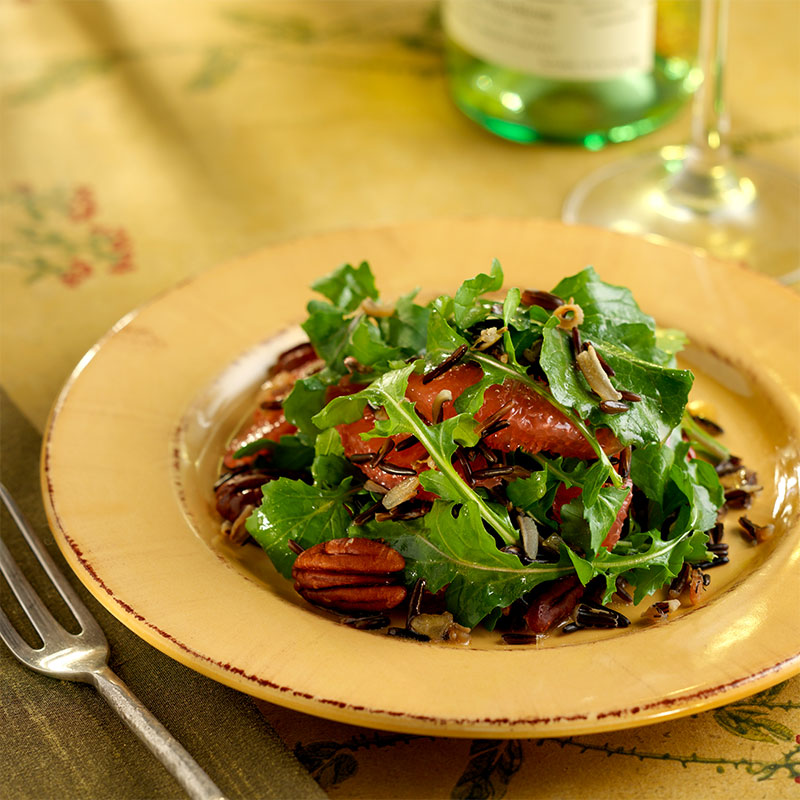 California Wild-Rice, Arugula, Grapefruit, and Toasted Pecans overhead shot of California Wild Rice, Arugula, Grapefruit, and Toasted Pecans