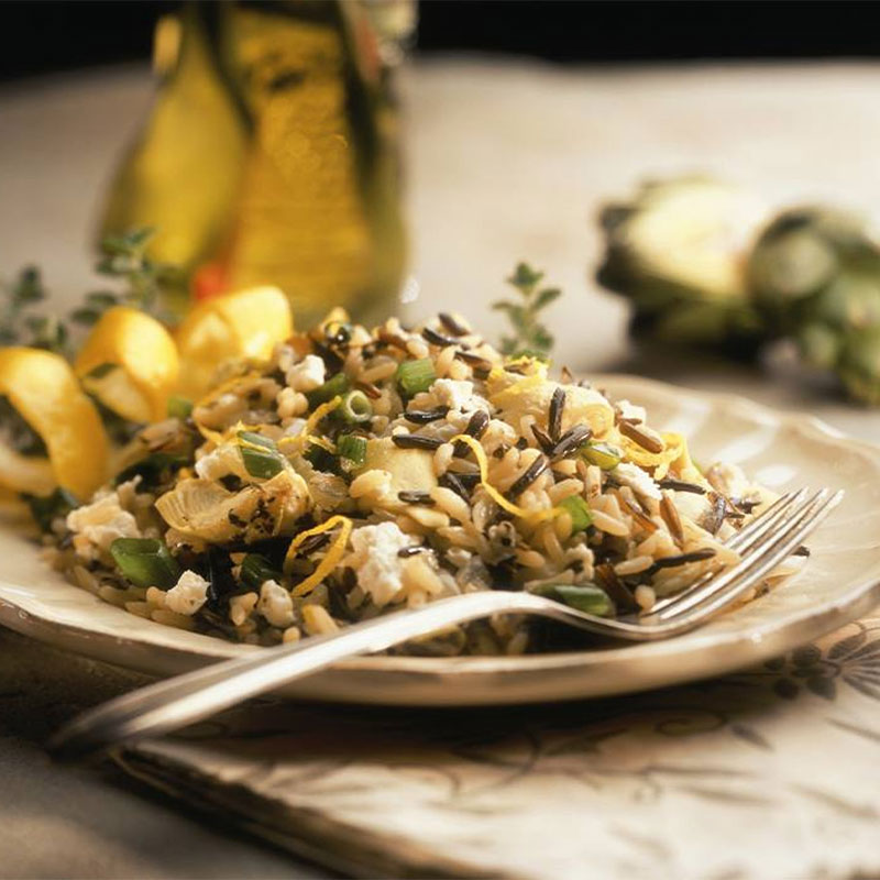 Side shot of California Wild Rice Athena on a white plate.