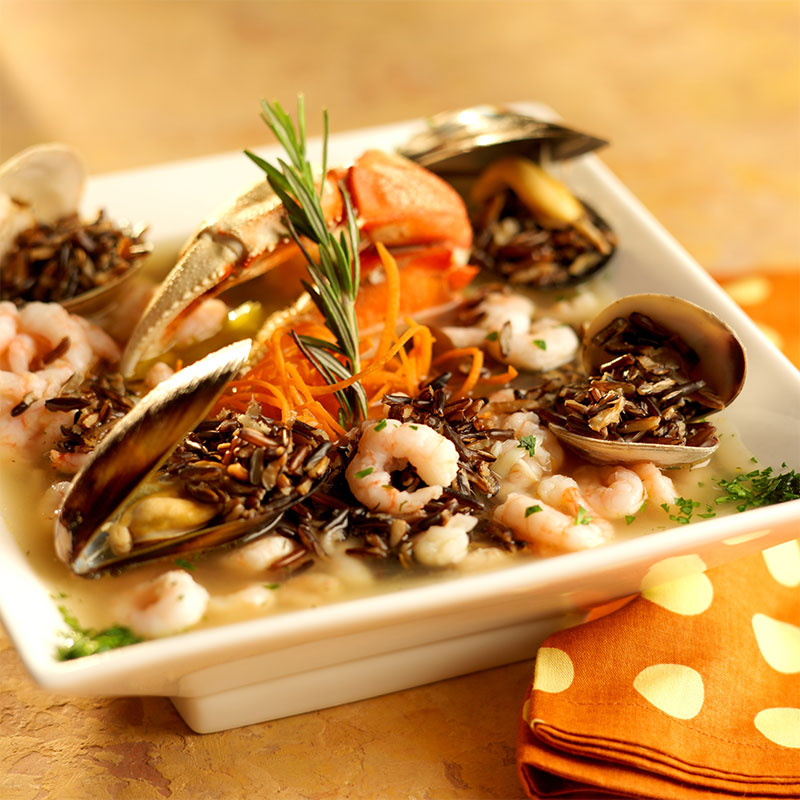 California Wild Rice Seafood Stew Overhead shot of California Wild Rice Seafood Stew.