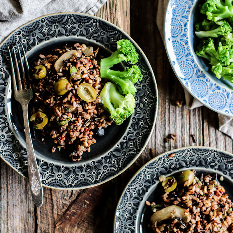 Overhead shot of a plate of California Wild Rice Stuffing.