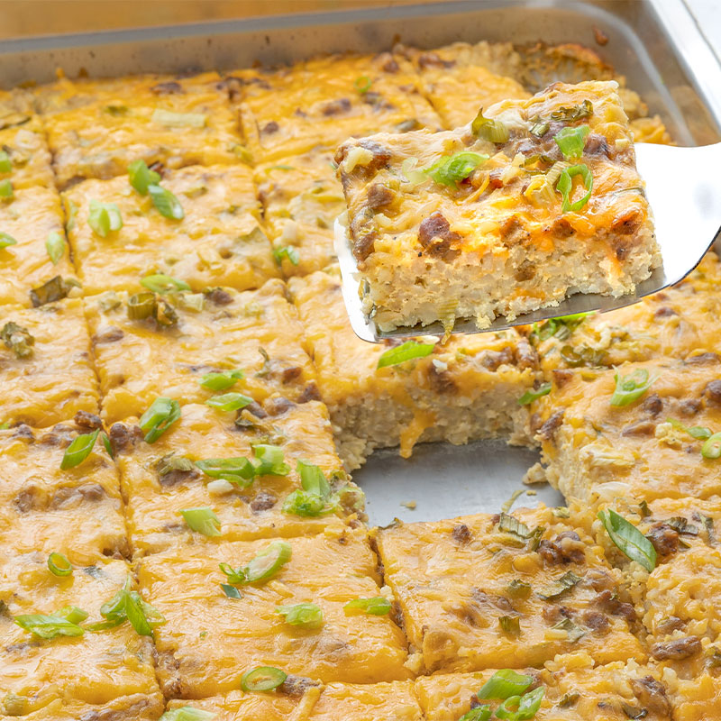 Tray of Cheesy Sausage and Rice Breakfast Bake.