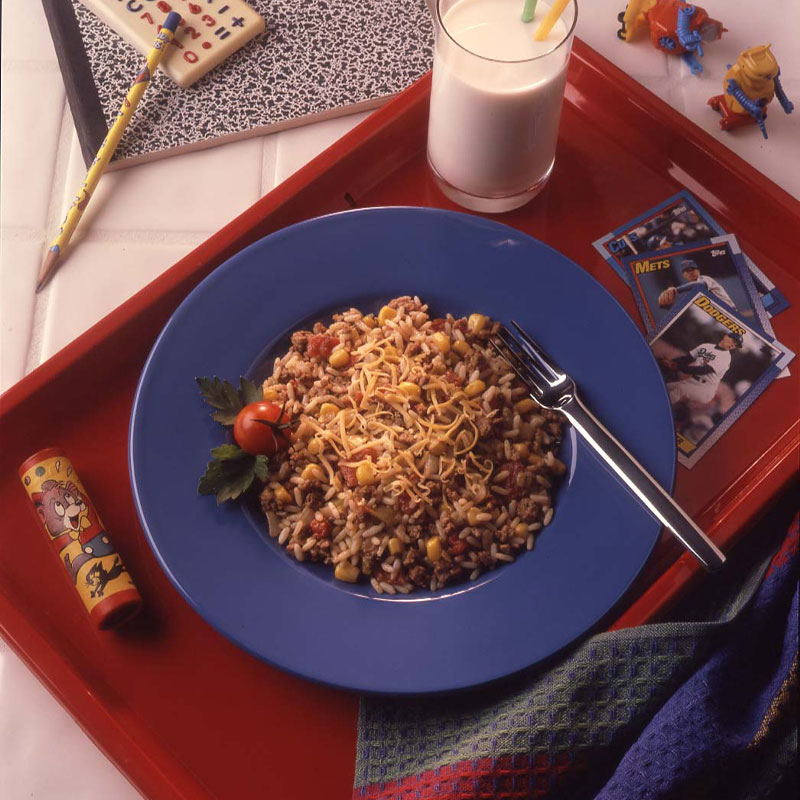 Overhead shot of Chili Beef Bake in a blue bowl