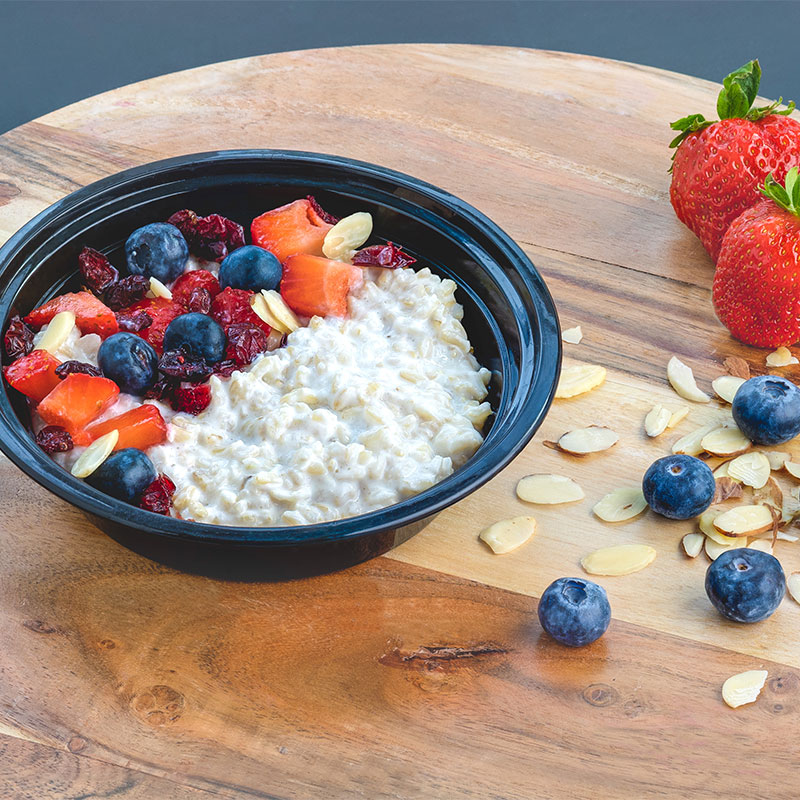 Chilled Breakfast Fruity Rice Bowl of Chilled Breakfast Fruity Rice on a table.
