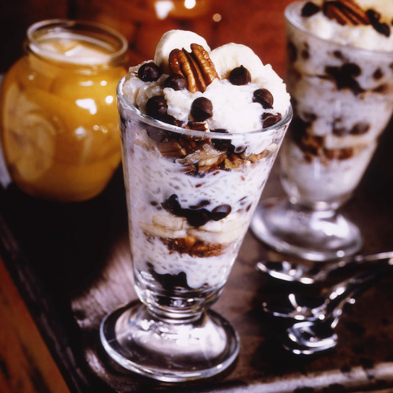 Close up of the Chocolate Chip Banana Nut Rice Pudding in a glass cup.  