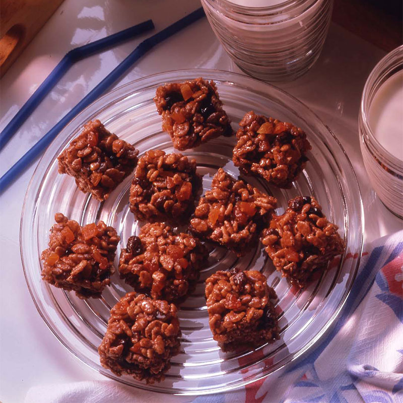 Overhead shot of nine chocolate fruit crispies. 