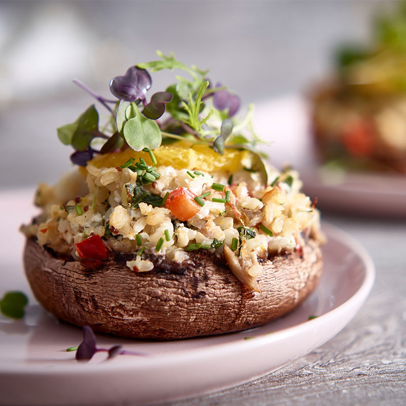 Close up view of a crab and rice stuffed Portobello mushroom garnished with microgreens on a pink plate.