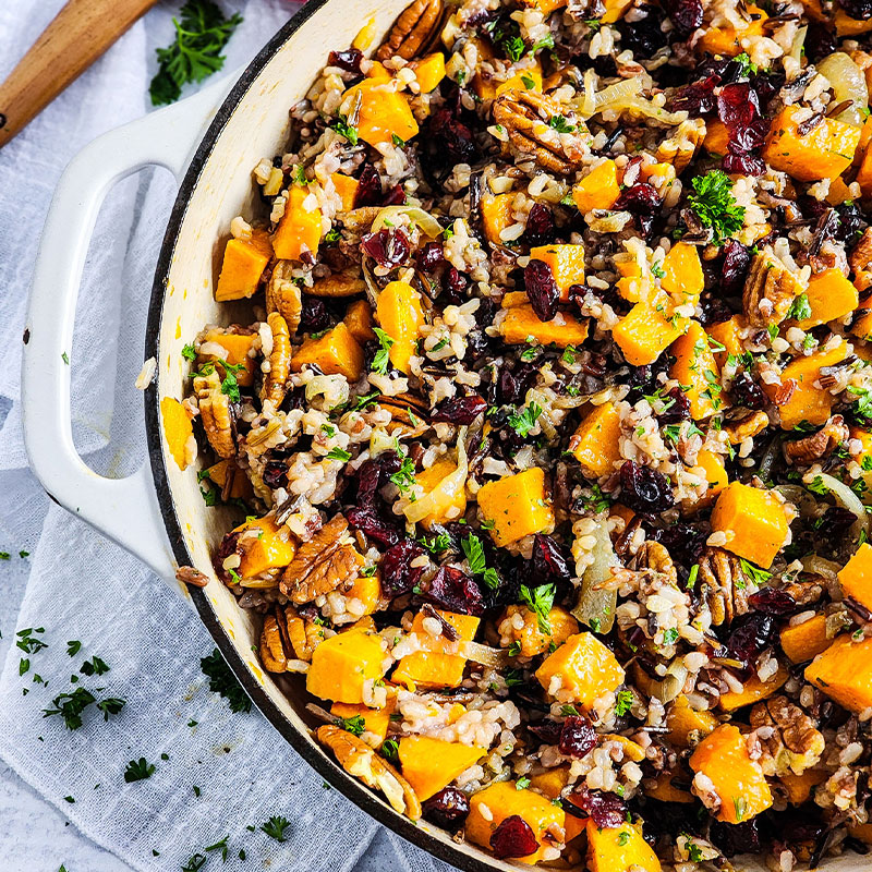 Cranberry Pecan Wild Rice Pilaf Side profile of a pot of Cranberry Pecan Wild Rice Pilaf
