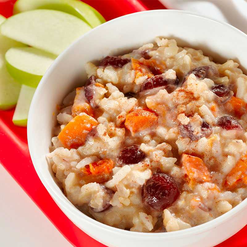 Overhead view of creamy baked rice breakfast pudding in a bowl on a school lunch tray with apple slices.