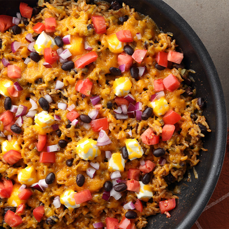 Overhead view of Creamy Cheeseburger Skillet Rice
