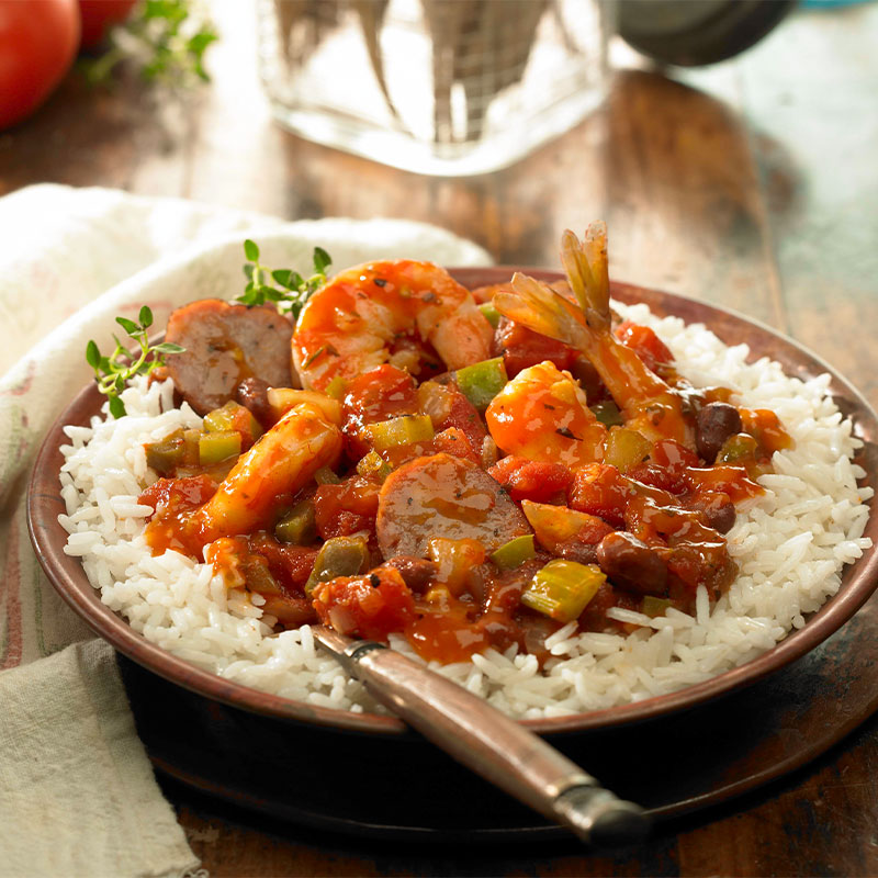 A serving of Creole Shrimp and Sausage with Rice.