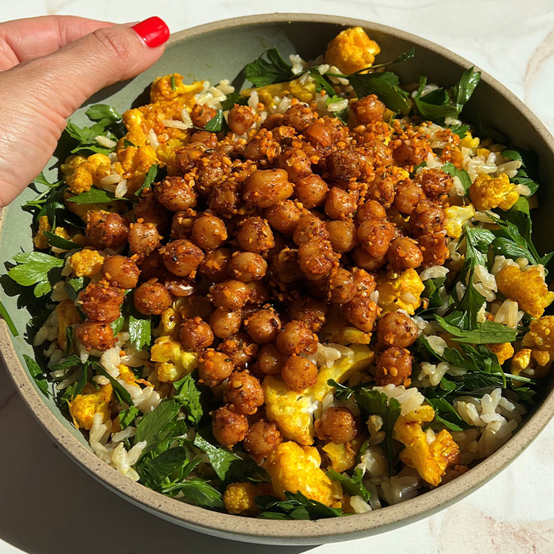 Close up image of a Crispy Chickpea Rice Bowl.