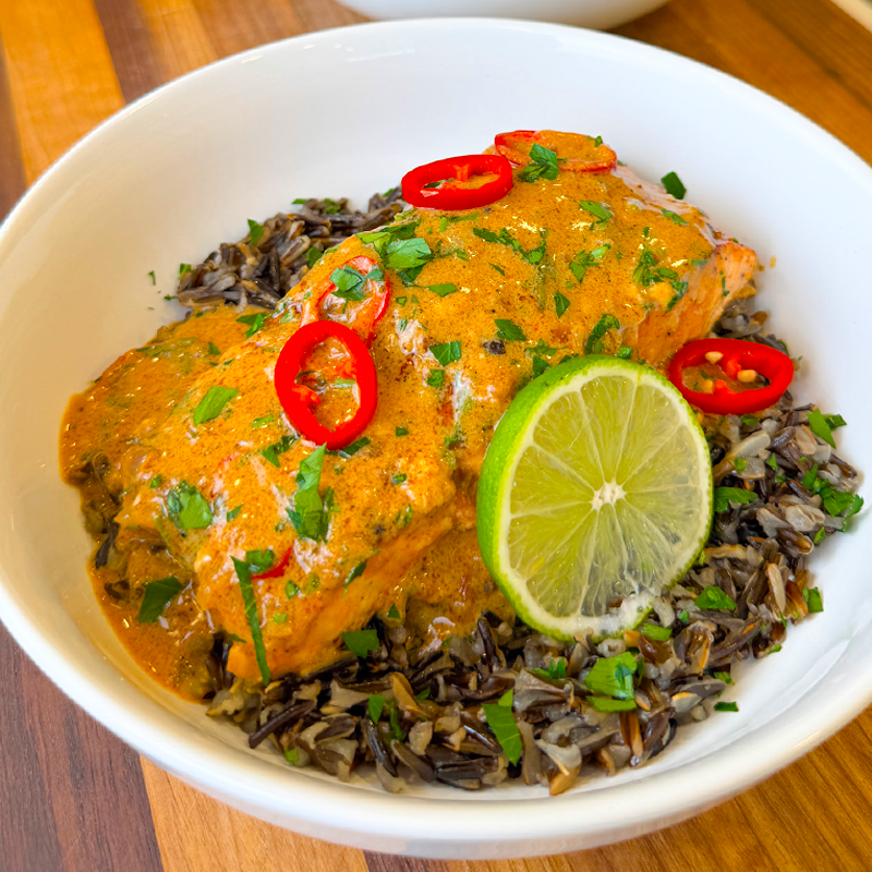 Crispy Salmon with Wild Rice in a Creamy Coconut Curry Sauce