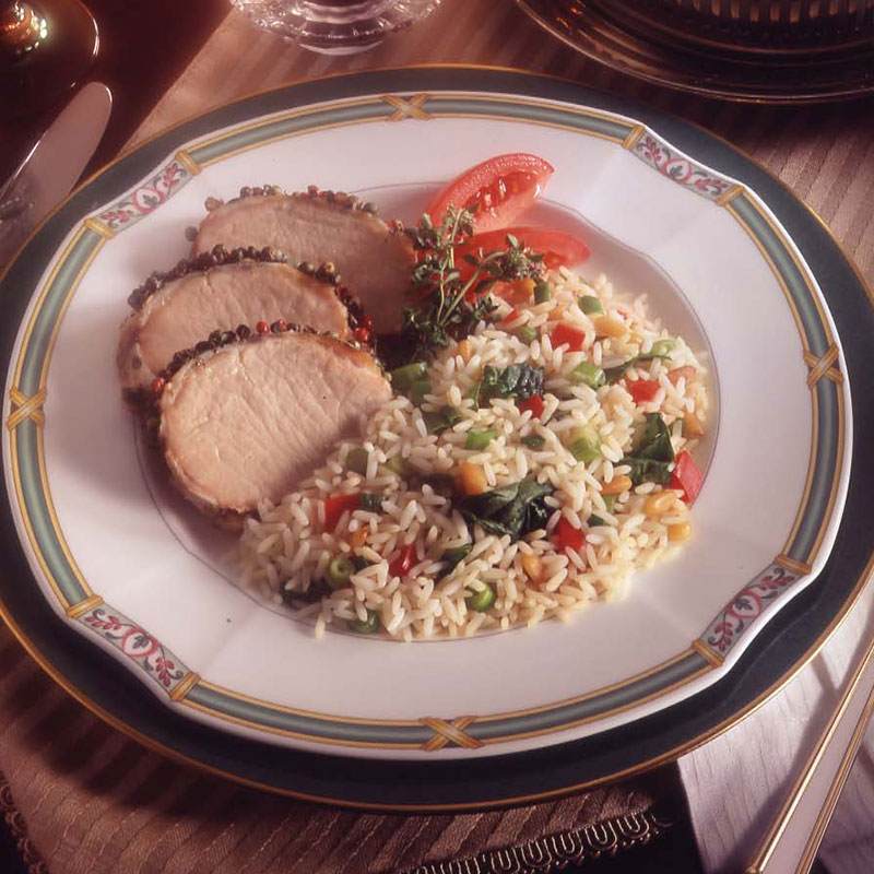 Overhead view of easy Florentine rice on a white plate.