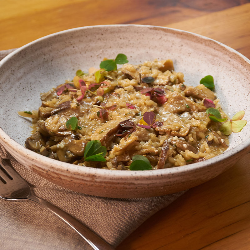 Overhead shot of a bowl of Fall Mushroom Rice Pilaf.