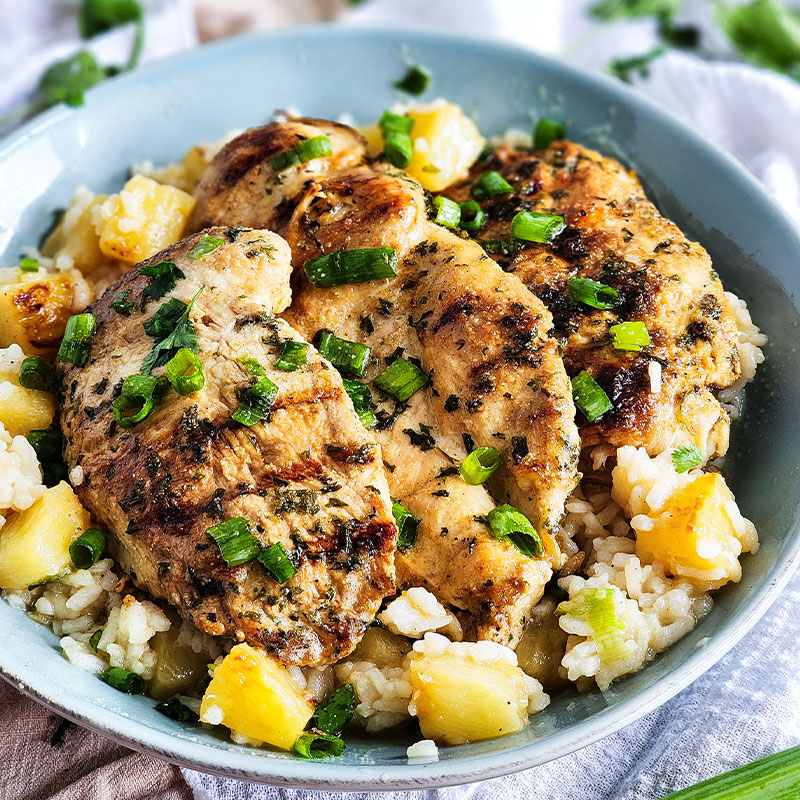 Grilled Pineapple Chicken & Rice Overhead view of a bowl of Grilled Pineapple Chicken & Rice