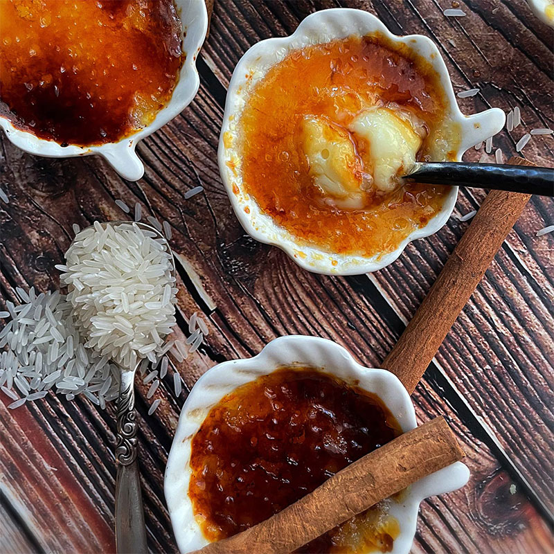 Overhead image of three Horchata Creme Brulees.