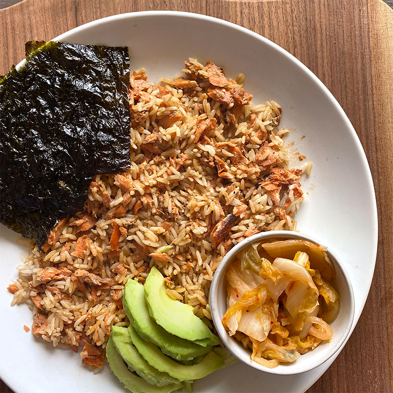 Overhead view of Leftover Salmon Rice Bowl.