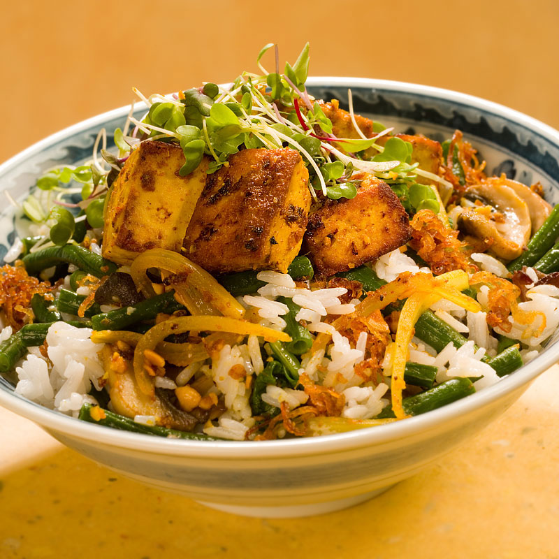 Close up view of lemongrass tofu rice bowl.